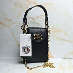 Black Leather Crossbody Bag Gold Studded Made In Italy Anna Paola New